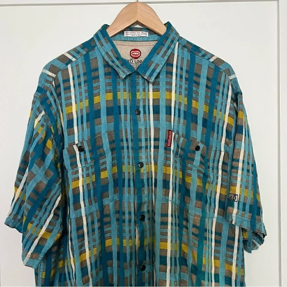 Ecko Unltd Shirt Mens XL Blue Plaid Button Up Short Sleeve Pockets Outdoor Logo